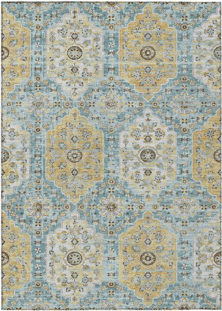 Teal Blue And Pewter Damask Washable Indoor Outdoor Area Rug Photo 1