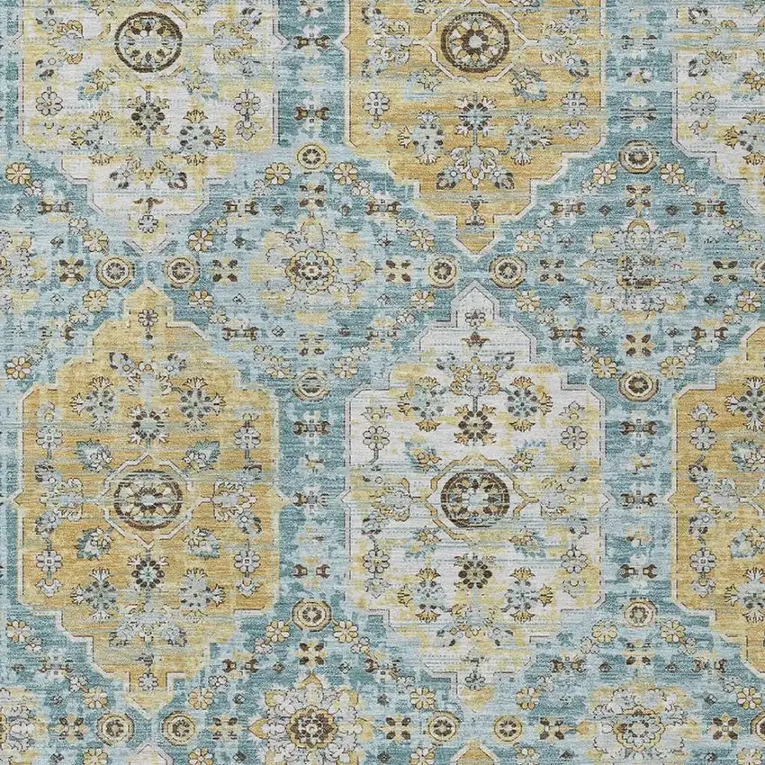 Teal Blue And Pewter Damask Washable Indoor Outdoor Area Rug Photo 2