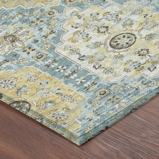 Teal Blue And Pewter Damask Washable Indoor Outdoor Area Rug Photo 4