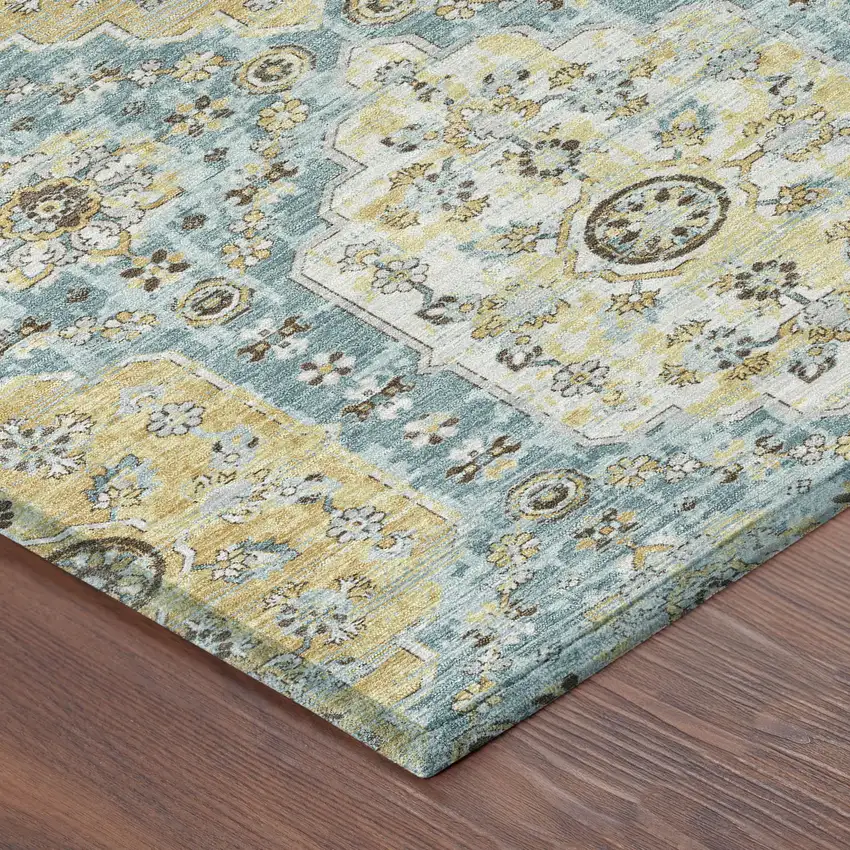 Teal Blue And Pewter Damask Washable Indoor Outdoor Area Rug Photo 4