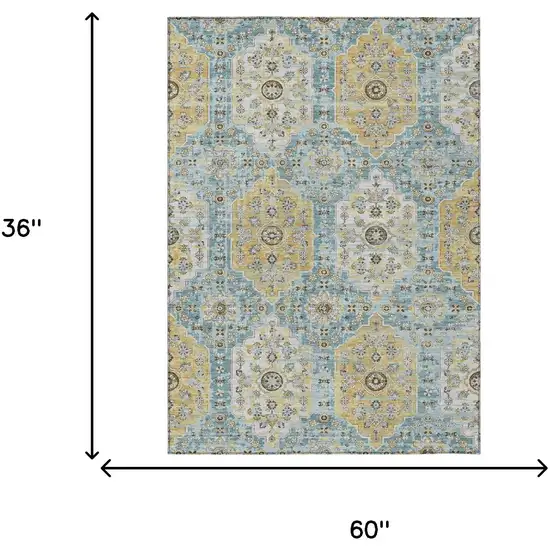 Teal Blue And Pewter Damask Washable Indoor Outdoor Area Rug Photo 6