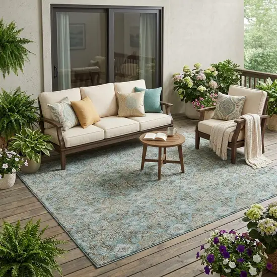 Teal Blue And Pewter Damask Washable Indoor Outdoor Area Rug Photo 1