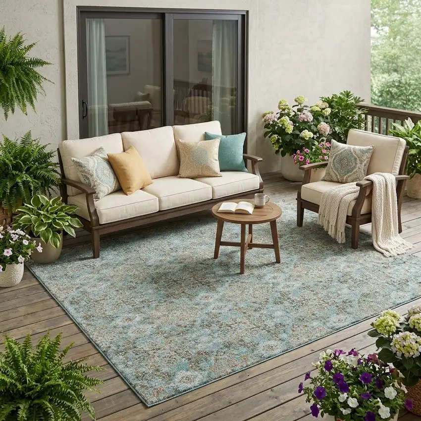 Teal Blue And Pewter Damask Washable Indoor Outdoor Area Rug Photo 1