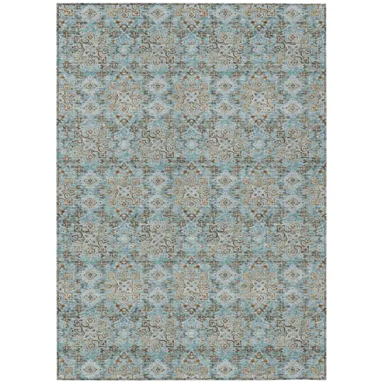 Teal Blue And Pewter Damask Washable Indoor Outdoor Area Rug Photo 2