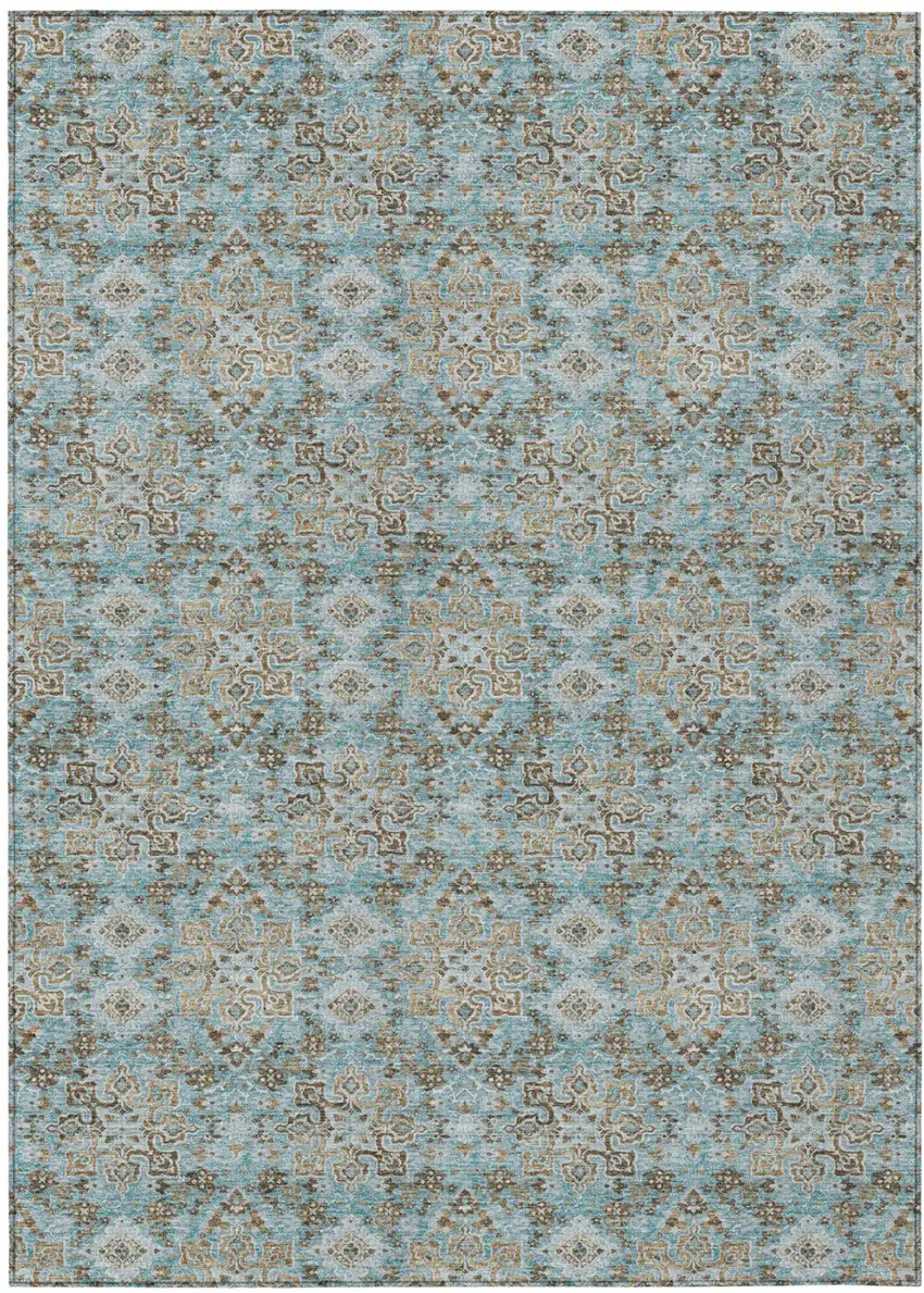 Teal Blue And Pewter Damask Washable Indoor Outdoor Area Rug Photo 2