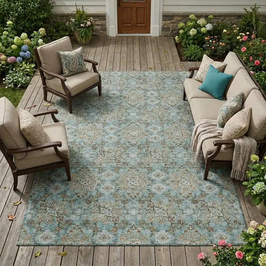 Teal Blue And Pewter Damask Washable Indoor Outdoor Area Rug Photo 1