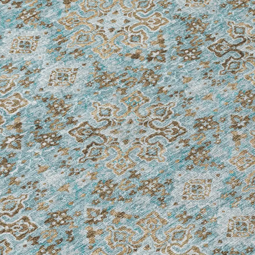 Teal Blue And Pewter Damask Washable Indoor Outdoor Area Rug Photo 4