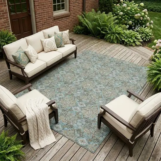 Teal Blue And Pewter Damask Washable Indoor Outdoor Area Rug Photo 1