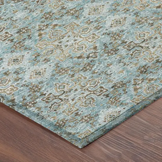 Teal Blue And Pewter Damask Washable Indoor Outdoor Area Rug Photo 3