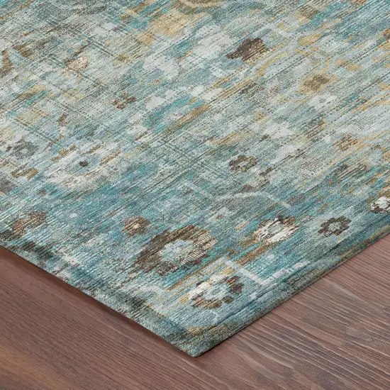 Teal Blue And Pewter Floral Medallion Washable Indoor Outdoor Area Rug Photo 3