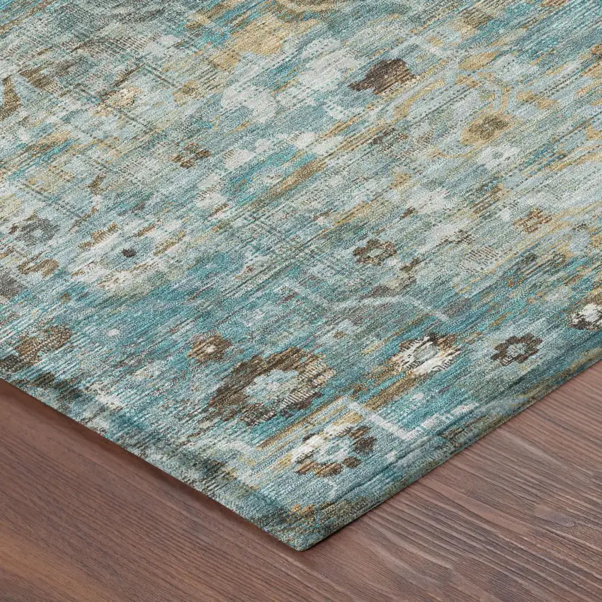 Teal Blue And Pewter Floral Medallion Washable Indoor Outdoor Area Rug Photo 3