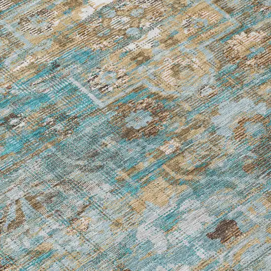 Teal Blue And Pewter Floral Medallion Washable Indoor Outdoor Area Rug Photo 4