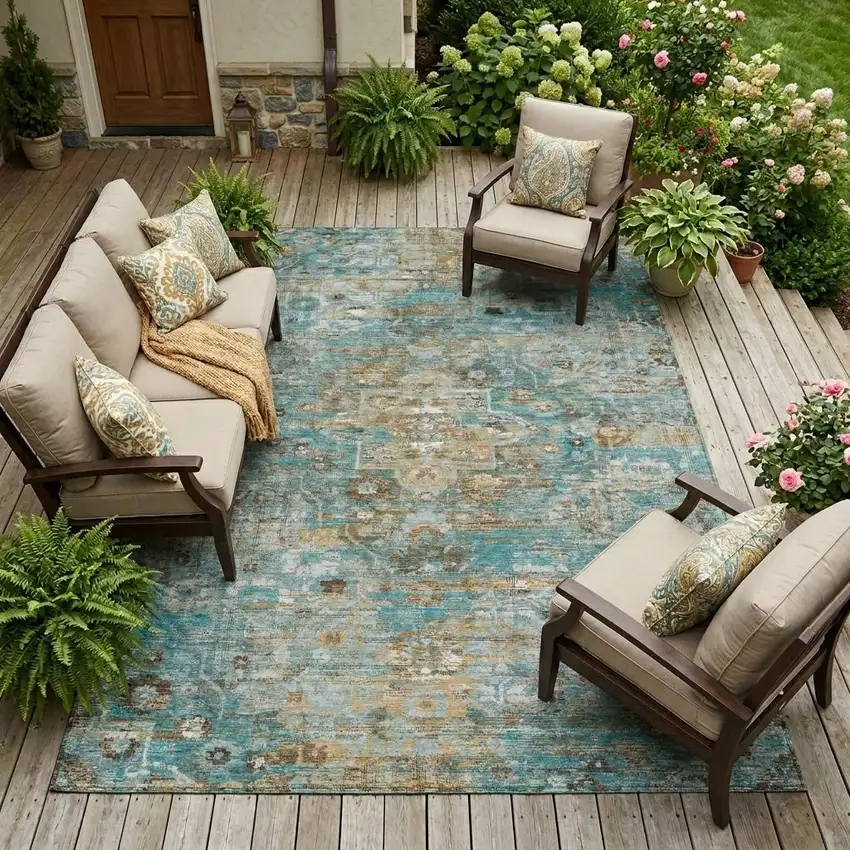 Teal Blue And Pewter Floral Medallion Washable Indoor Outdoor Area Rug Photo 1