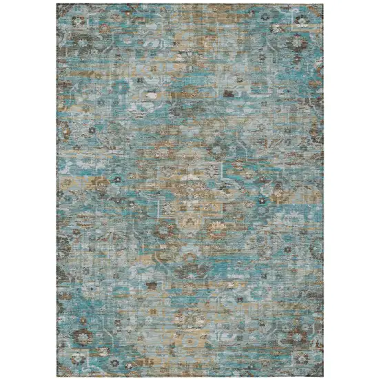 Teal Blue And Pewter Floral Medallion Washable Indoor Outdoor Area Rug Photo 2