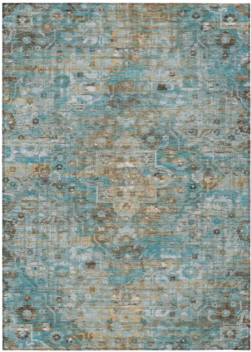 Teal Blue And Pewter Floral Medallion Washable Indoor Outdoor Area Rug Photo 2