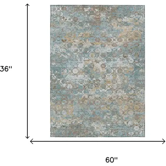 Teal Blue And Pewter Floral Medallion Washable Indoor Outdoor Area Rug Photo 5