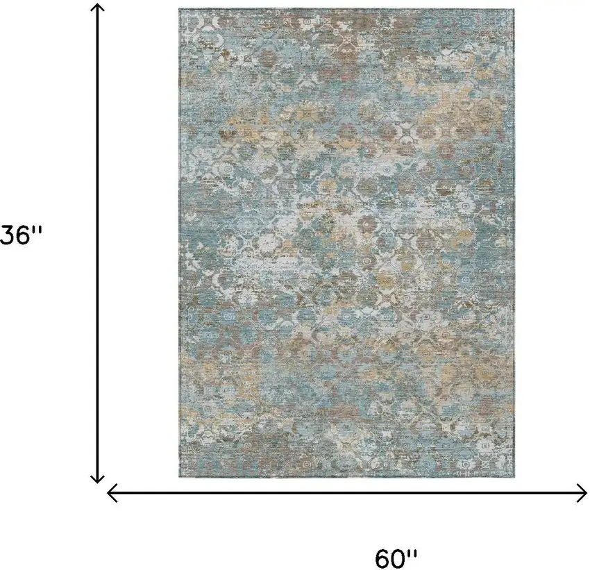 Teal Blue And Pewter Floral Medallion Washable Indoor Outdoor Area Rug Photo 5
