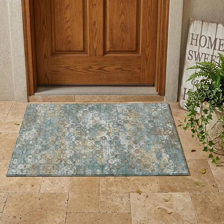 Teal Blue And Pewter Floral Medallion Washable Indoor Outdoor Area Rug Photo 1