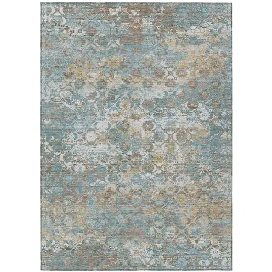 Teal Blue And Pewter Floral Medallion Washable Indoor Outdoor Area Rug Photo 2