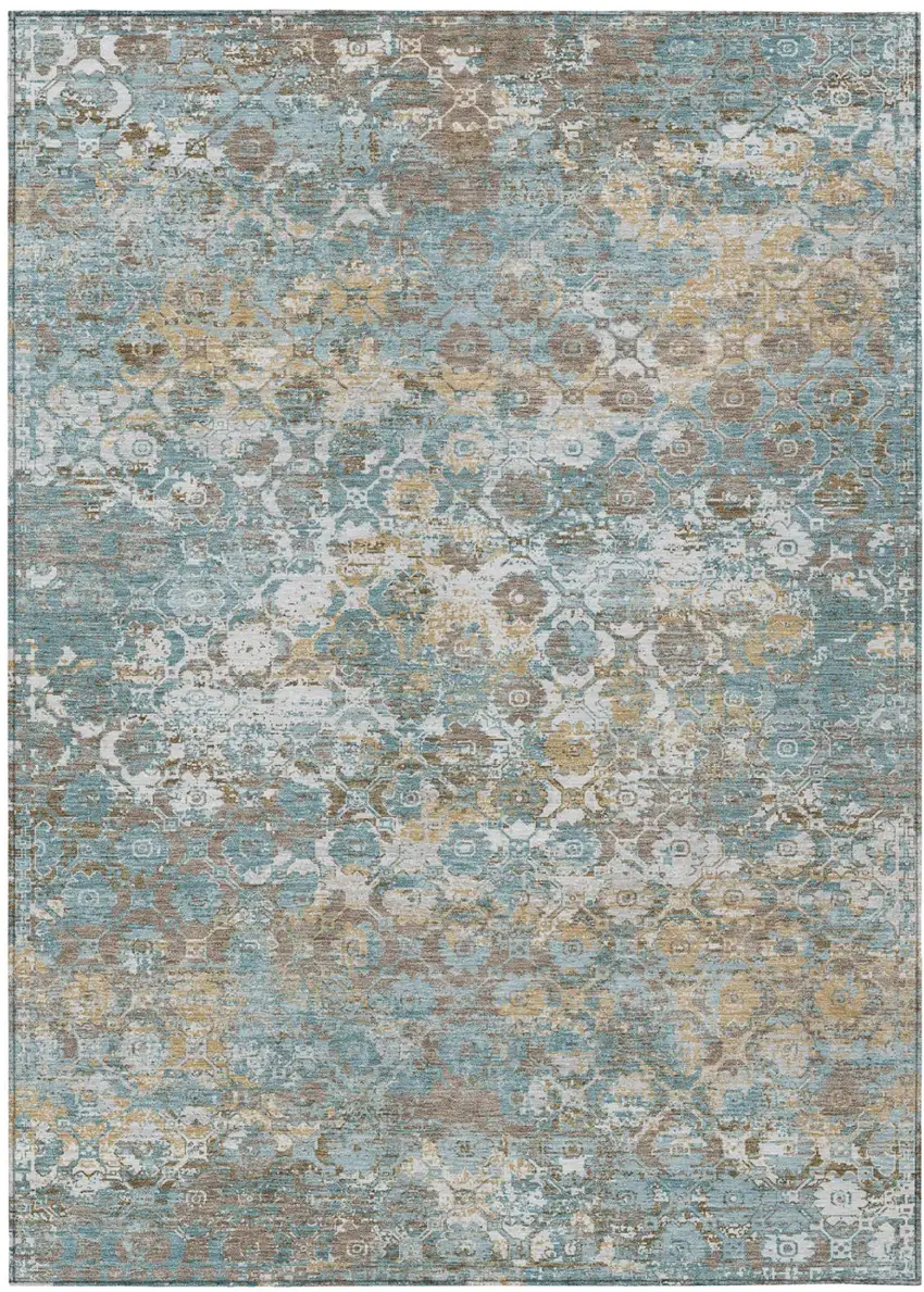 Teal Blue And Pewter Floral Medallion Washable Indoor Outdoor Area Rug Photo 2