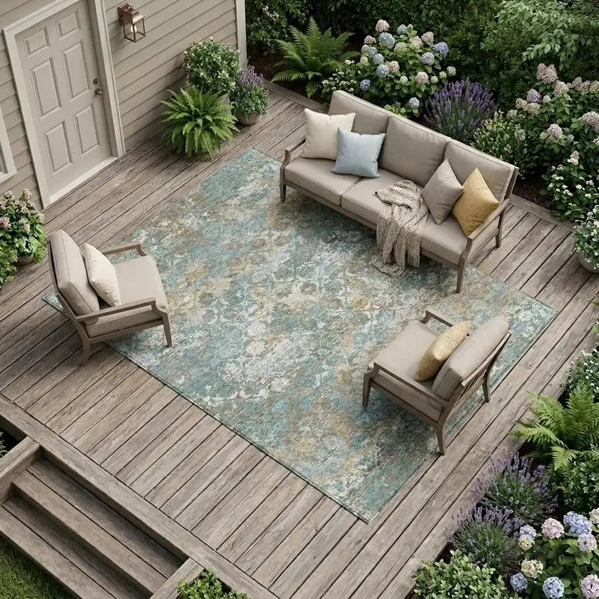 Teal Blue And Pewter Floral Medallion Washable Indoor Outdoor Area Rug Photo 1