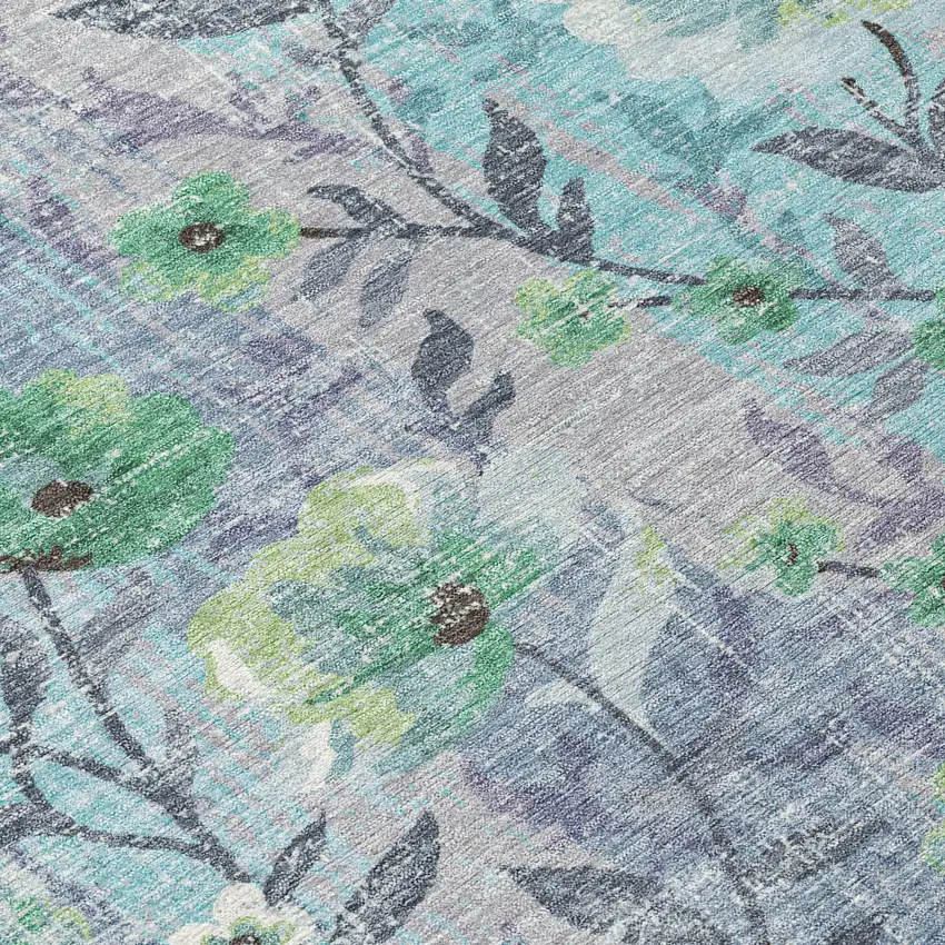 Teal Blue And Pewter Floral Washable Indoor Outdoor Area Rug Photo 1