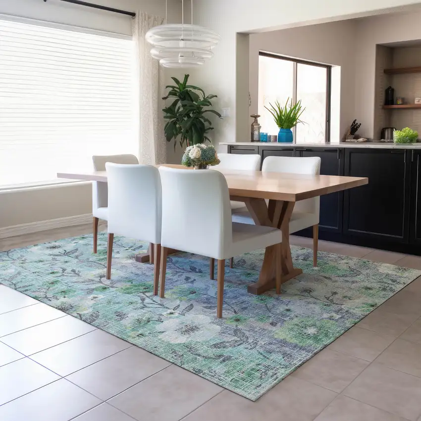 Teal Blue And Pewter Floral Washable Indoor Outdoor Area Rug Photo 4