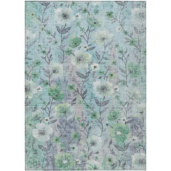 Teal Blue And Pewter Floral Washable Indoor Outdoor Area Rug Photo 7