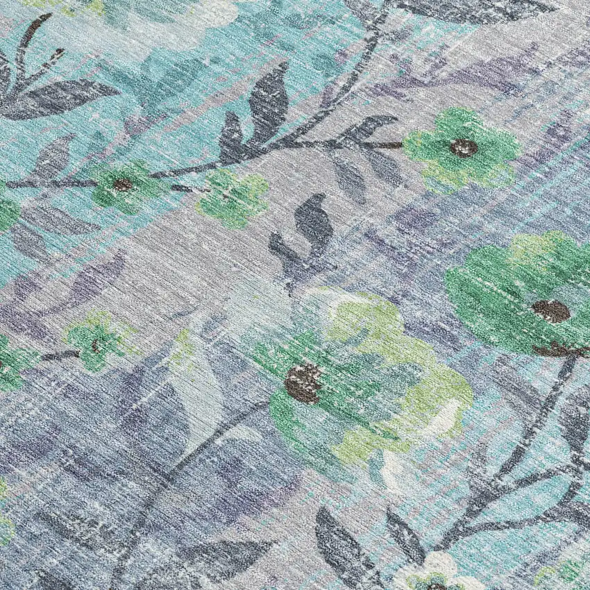 Teal Blue And Pewter Floral Washable Indoor Outdoor Area Rug Photo 2