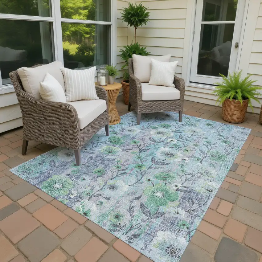 Teal Blue And Pewter Floral Washable Indoor Outdoor Area Rug Photo 3