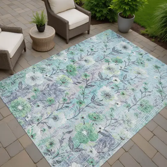 Teal Blue And Pewter Floral Washable Indoor Outdoor Area Rug Photo 6