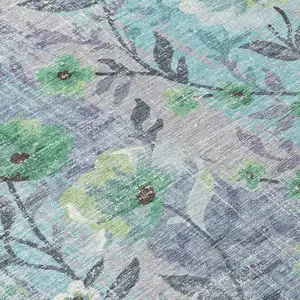 Photo of Teal Blue And Pewter Floral Washable Indoor Outdoor Area Rug