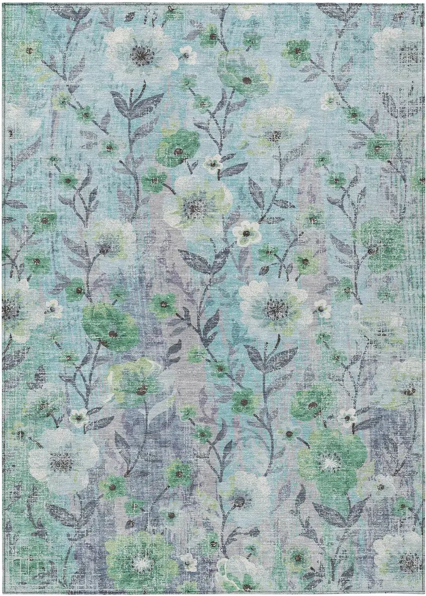 Teal Blue And Pewter Floral Washable Indoor Outdoor Area Rug Photo 7
