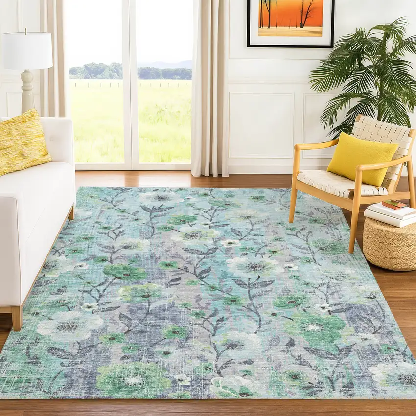 Teal Blue And Pewter Floral Washable Indoor Outdoor Area Rug Photo 3