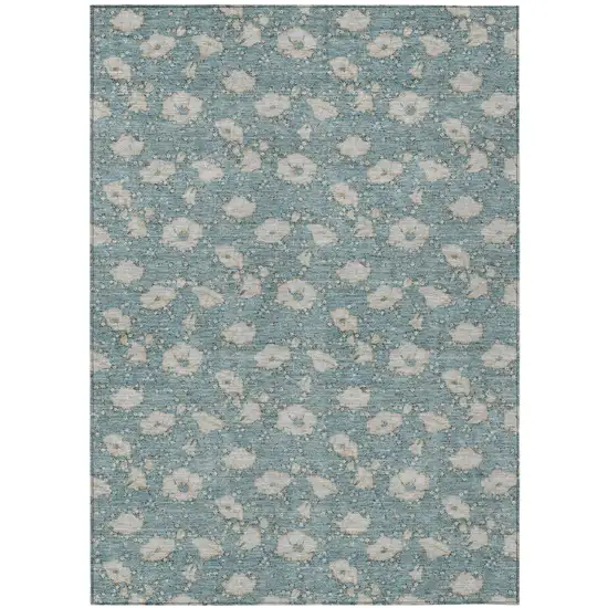 Teal Blue And Pewter Floral Washable Indoor Outdoor Area Rug Photo 2