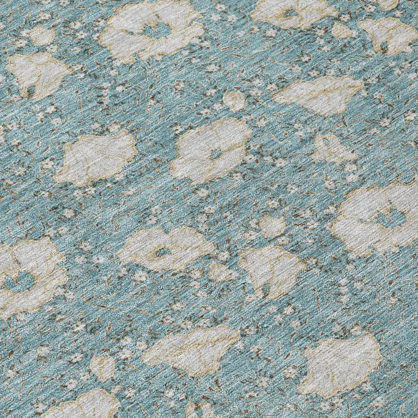Teal Blue And Pewter Floral Washable Indoor Outdoor Area Rug Photo 4