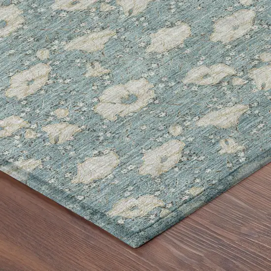 Teal Blue And Pewter Floral Washable Indoor Outdoor Area Rug Photo 3