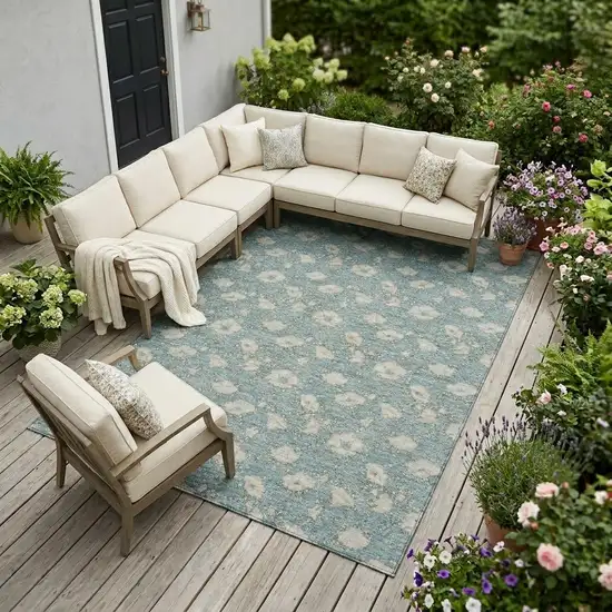 Teal Blue And Pewter Floral Washable Indoor Outdoor Area Rug Photo 1