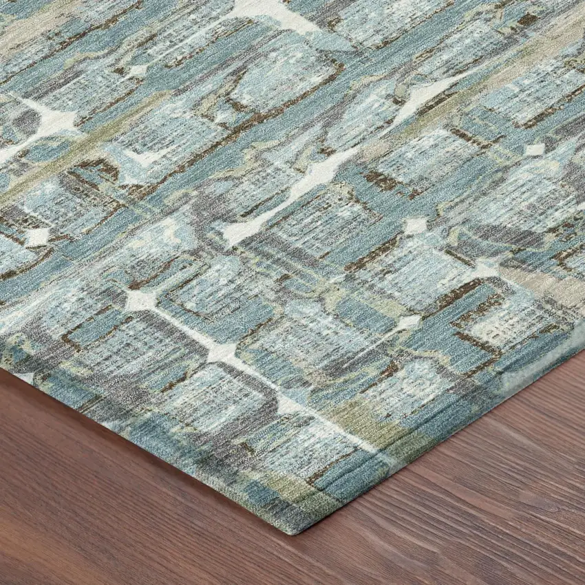 Teal Blue And Pewter Geometric Washable Indoor Outdoor Area Rug Photo 3