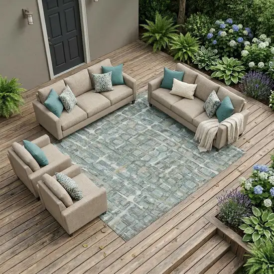 Teal Blue And Pewter Geometric Washable Indoor Outdoor Area Rug Photo 1