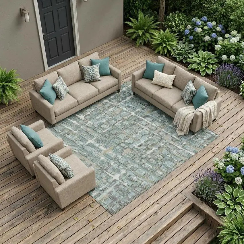 Teal Blue And Pewter Geometric Washable Indoor Outdoor Area Rug Photo 1