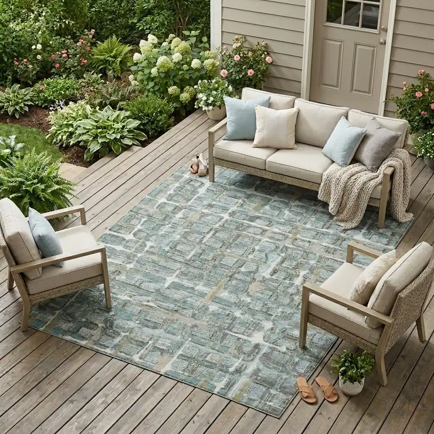 Teal Blue And Pewter Geometric Washable Indoor Outdoor Area Rug Photo 1