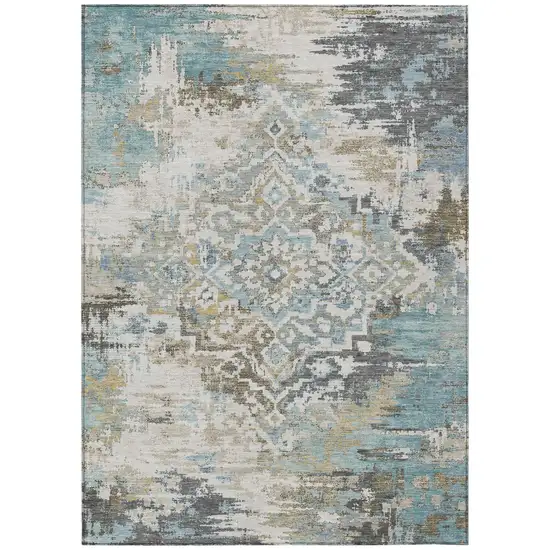 Teal Blue And Pewter Medallion Washable Indoor Outdoor Area Rug Photo 2