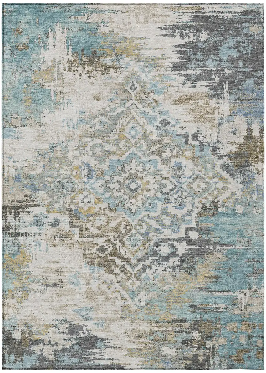 Teal Blue And Pewter Medallion Washable Indoor Outdoor Area Rug Photo 2