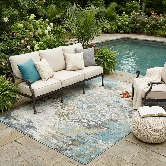 Teal Blue And Pewter Medallion Washable Indoor Outdoor Area Rug Photo 1