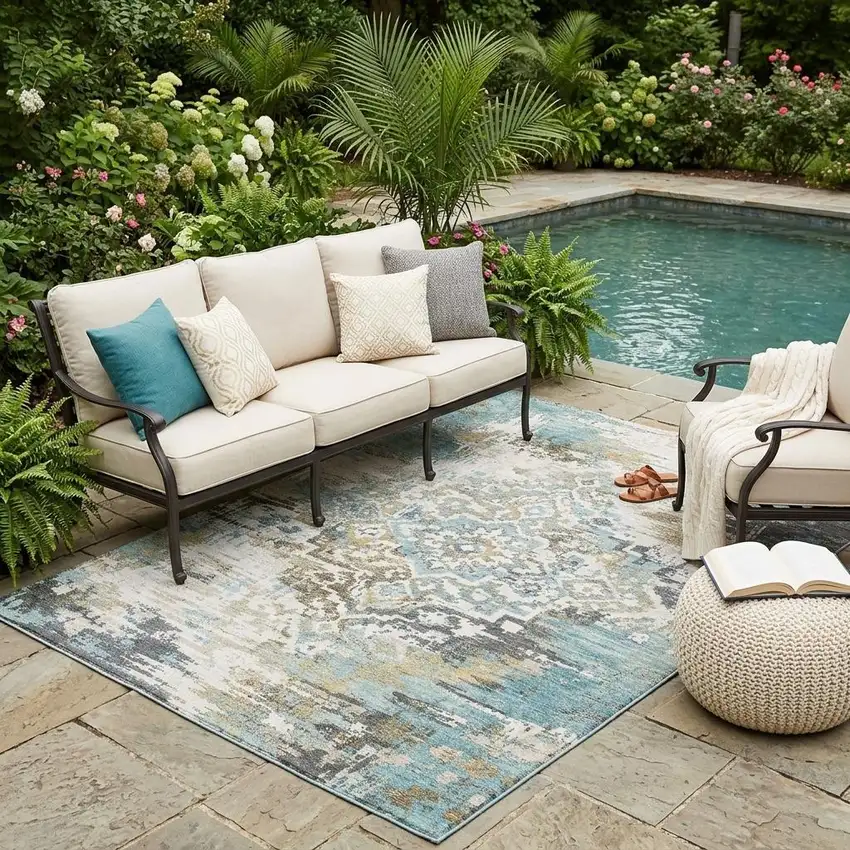 Teal Blue And Pewter Medallion Washable Indoor Outdoor Area Rug Photo 1