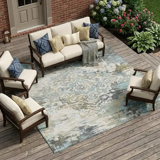 Teal Blue And Pewter Medallion Washable Indoor Outdoor Area Rug Photo 1