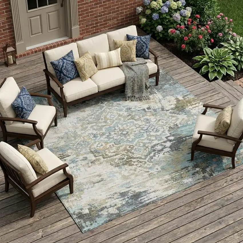 Teal Blue And Pewter Medallion Washable Indoor Outdoor Area Rug Photo 1