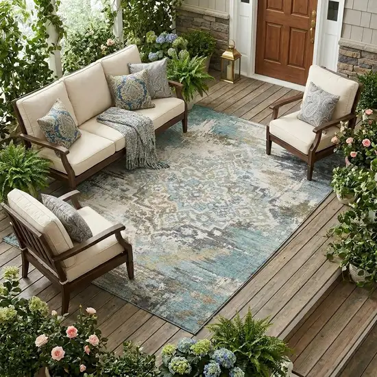 Teal Blue And Pewter Medallion Washable Indoor Outdoor Area Rug Photo 1