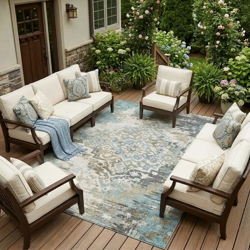 Teal Blue And Pewter Medallion Washable Indoor Outdoor Area Rug Photo 1